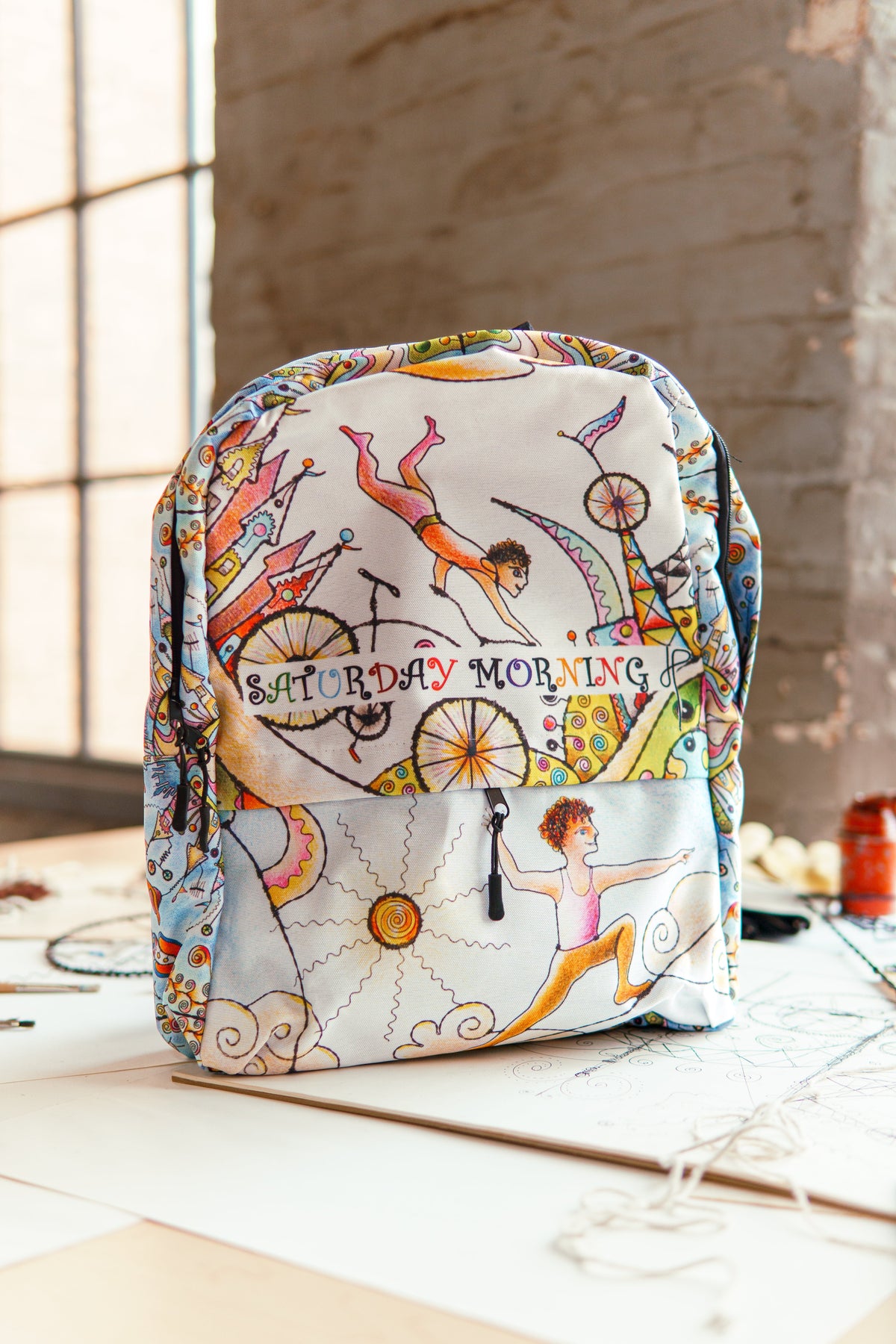 Boys — Saturday Morning Backpack, acrobats and bicycles print